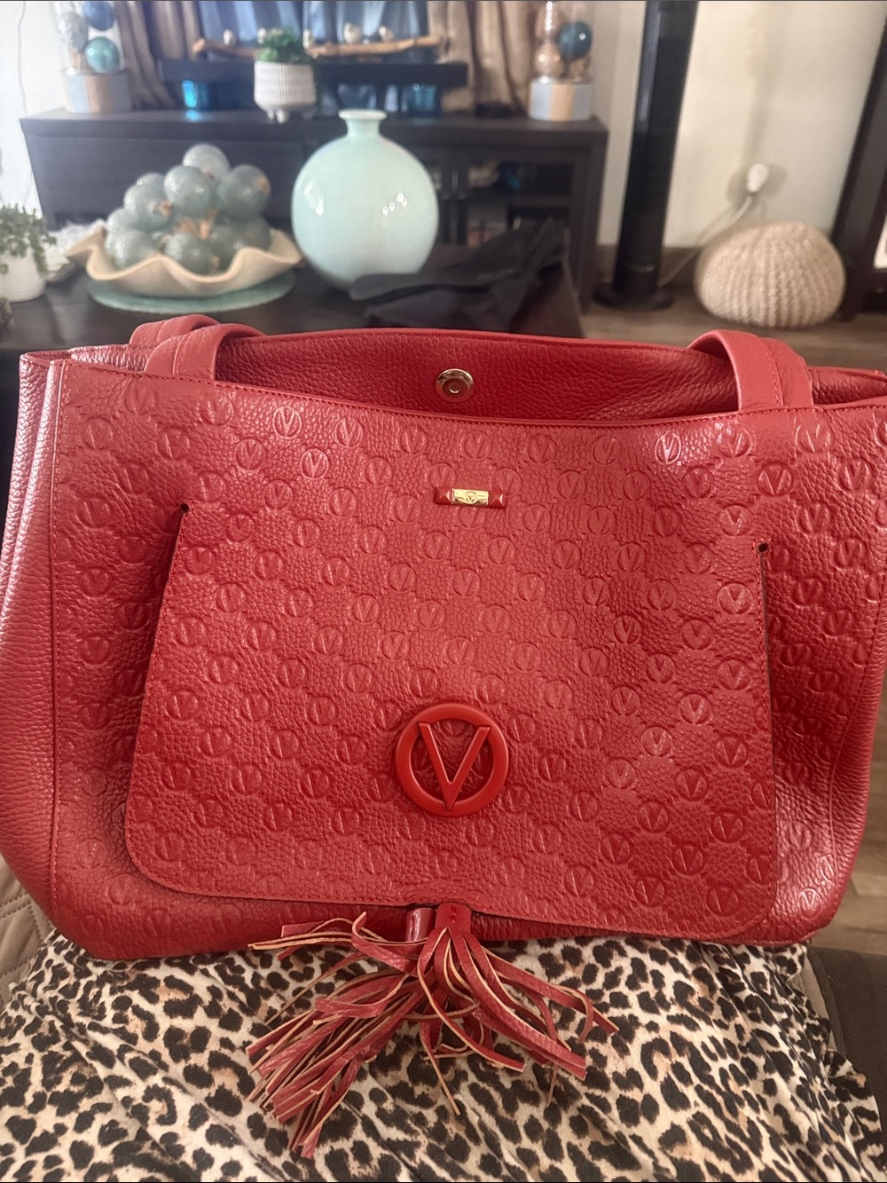 Valentino Red Embossed Leather Tote with Tassel Detail